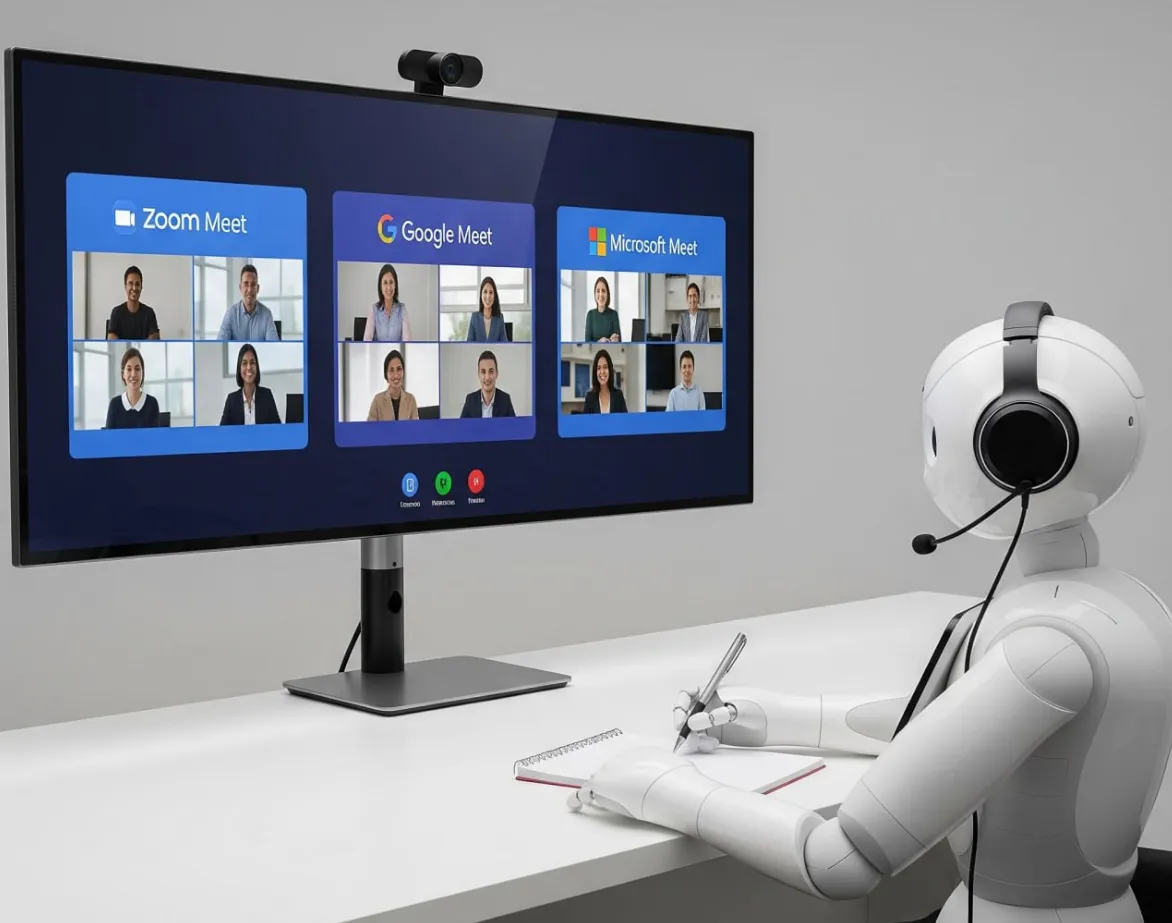 Conceptual image of a robot interacting with meeting platform logos